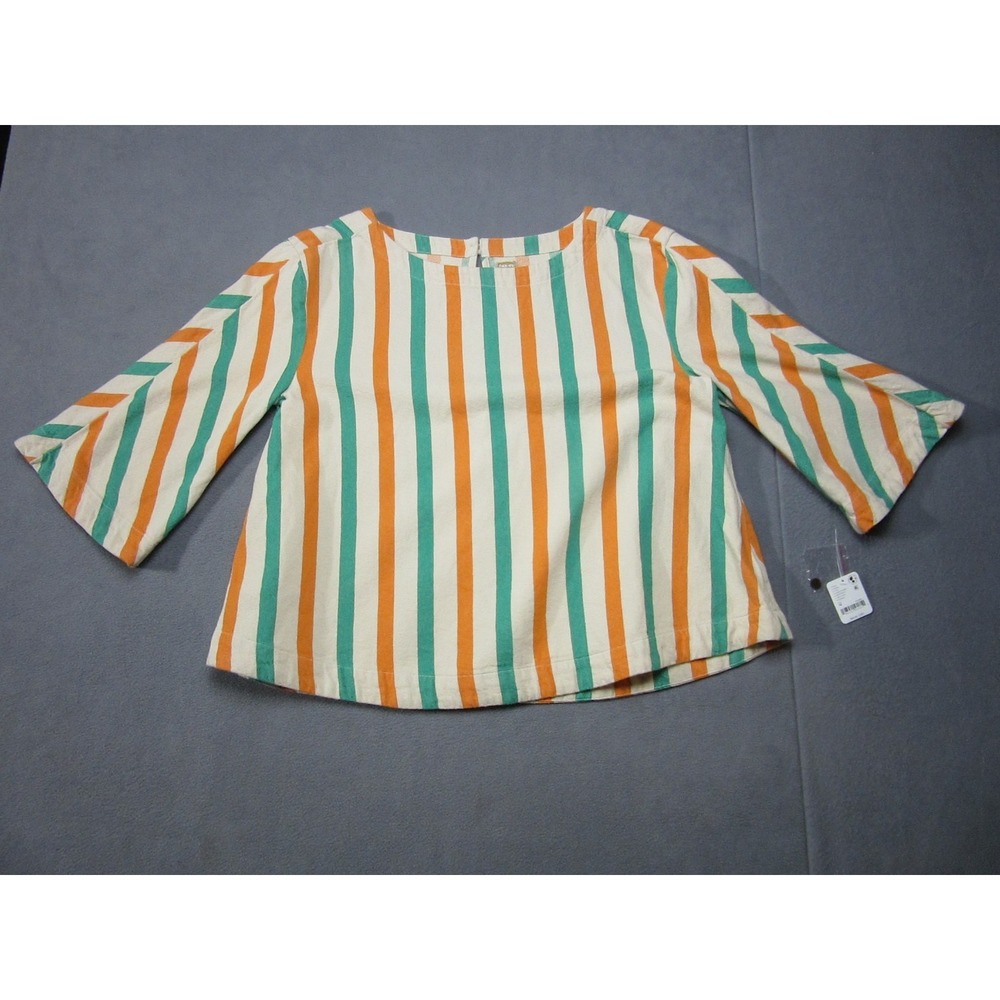 Free People Top Womens Medium Beige Green Orange Striped Blouse Flare Sleeve New